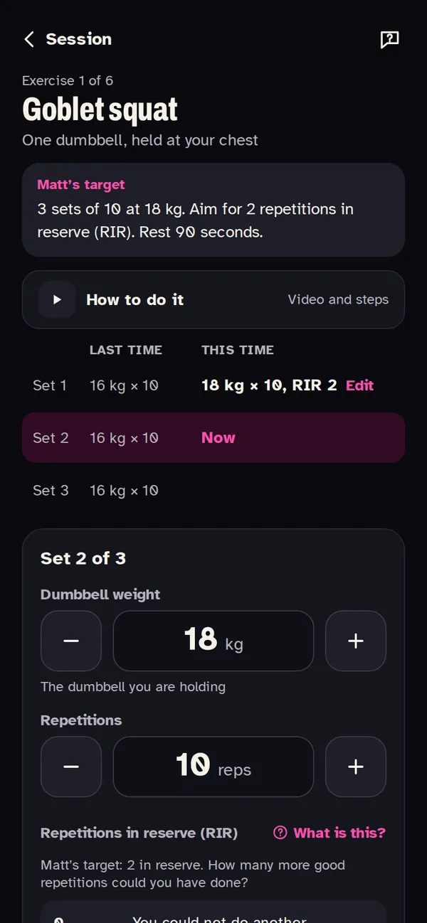 The app's set screen for goblet squats: Matt's target, last time's sets and the set being recorded