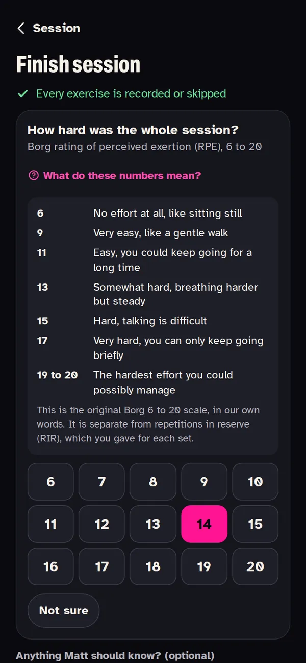 Finishing a session: how hard the whole session felt, on the Borg scale of 6 to 20
